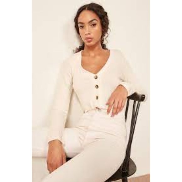Reformation Jeans Iris Top Small Ivory Ribbed Modal Button Front V-Neck Top - Picture 2 of 6